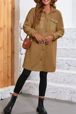 Beige Contrast Flap Pocket Single Breasted Teddy Coat