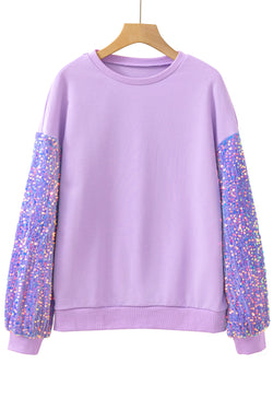 Orchid Petal Sequin Patchwork Long Sleeve Pullover Top