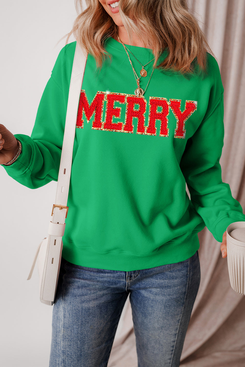 Dark Green Christmas Chenille MERRY Graphic Crew Neck Sweatshirt