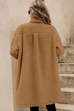 Beige Contrast Flap Pocket Single Breasted Teddy Coat