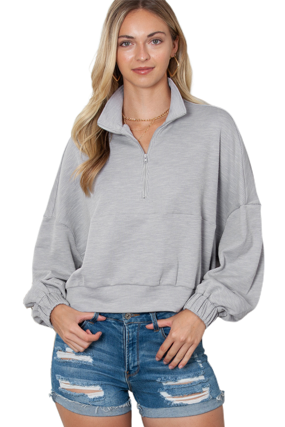 Gray Loose Dolman Sleeve Quarter Zip Sweatshirt