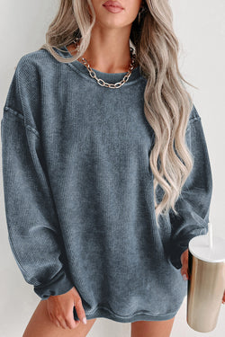 Plain Gray Solid Ribbed Knit Round Neck Pullover Sweatshirt