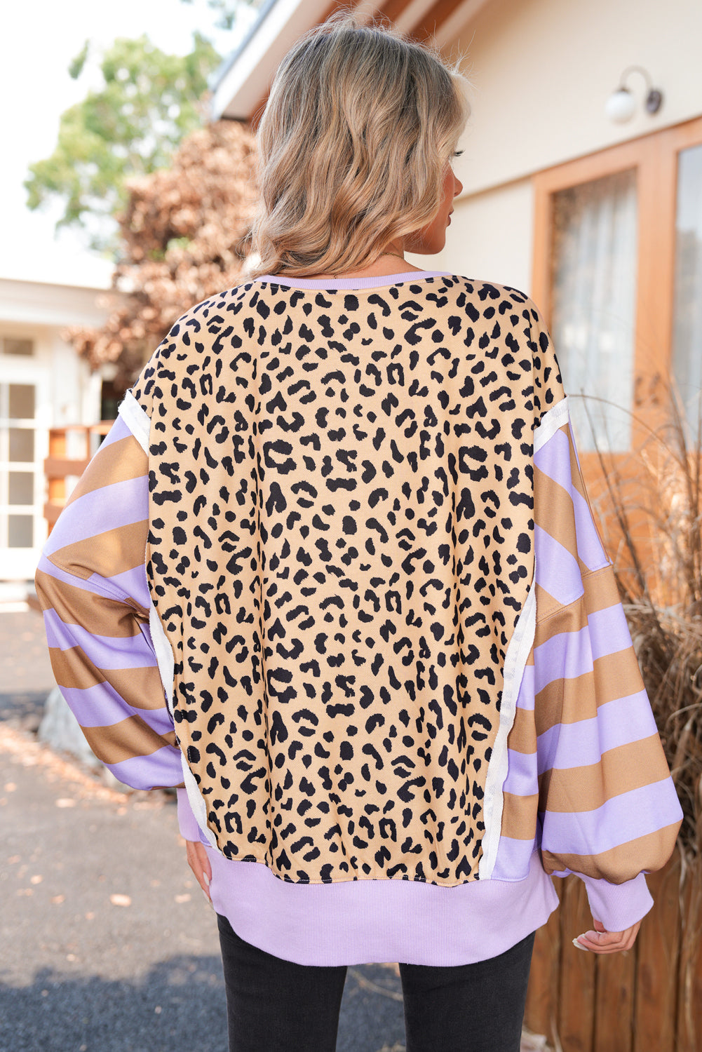 Khaki Striped Leopard Colorblock Side Slits Sweatshirt