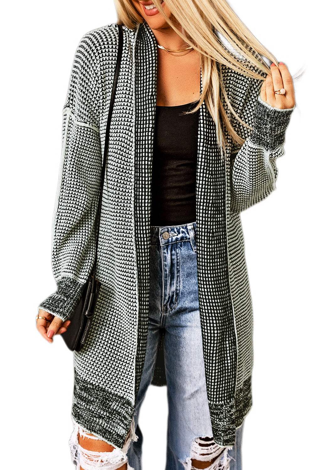 Grey Plaid Contrast Trim Casual Knit Cardigan