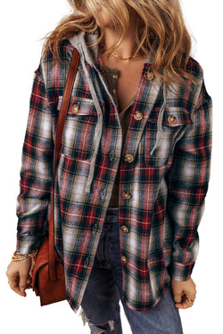 Red Plaid Print Chest Pocket Button Hooded Shacket