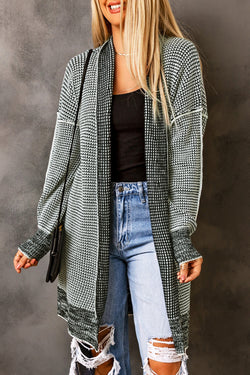 Grey Plaid Contrast Trim Casual Knit Cardigan