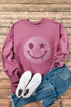 Valerian Rhinestone Smile Face Pattern High Low Hem Sweatshirt