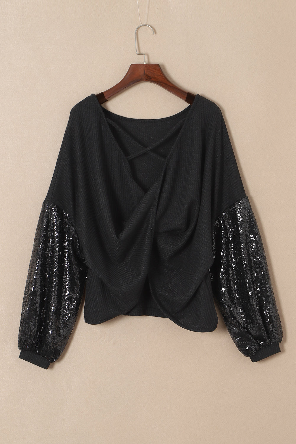 Black Cross Backless Sequin Bishop Sleeve Top