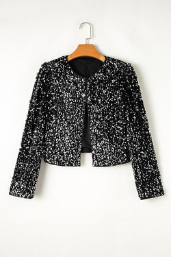 Black Sequin Open Front Collarless Jacket