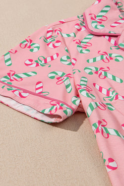 Pink Christmas Candy Cane Print Knotted Pajama Set