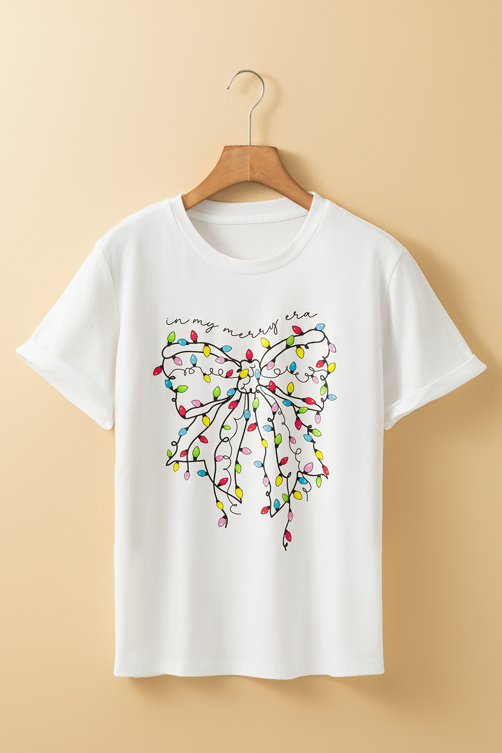 White Colorful Lights Bowknot Graphic T Shirt