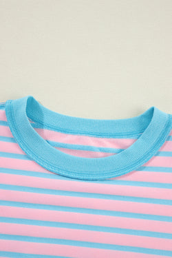 Pink Stripe Contrast Trim High Low Tunic Sweatshirt