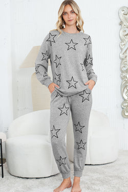 Gray Stars Print Long Sleeve Top and Drawstring Pants Set