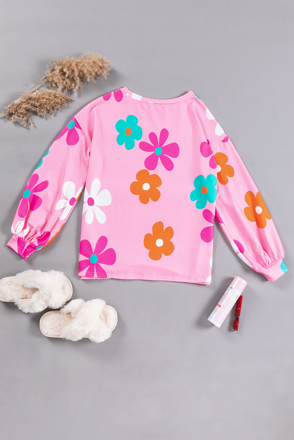 Pink 60s Floral Print Drop Shoulder Tunic Top