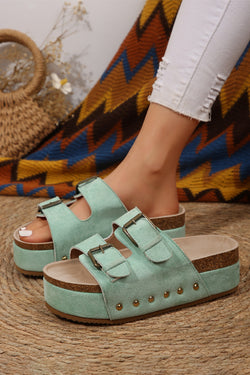 Black Suede Buckle Corky Platform Slides Shoes
