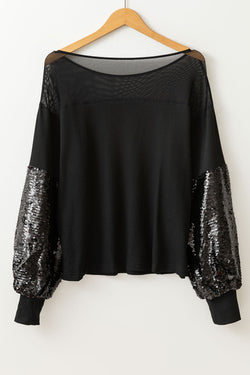 Black Sequin Lantern Sleeve Blouse