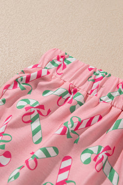 Pink Christmas Candy Cane Print Knotted Pajama Set