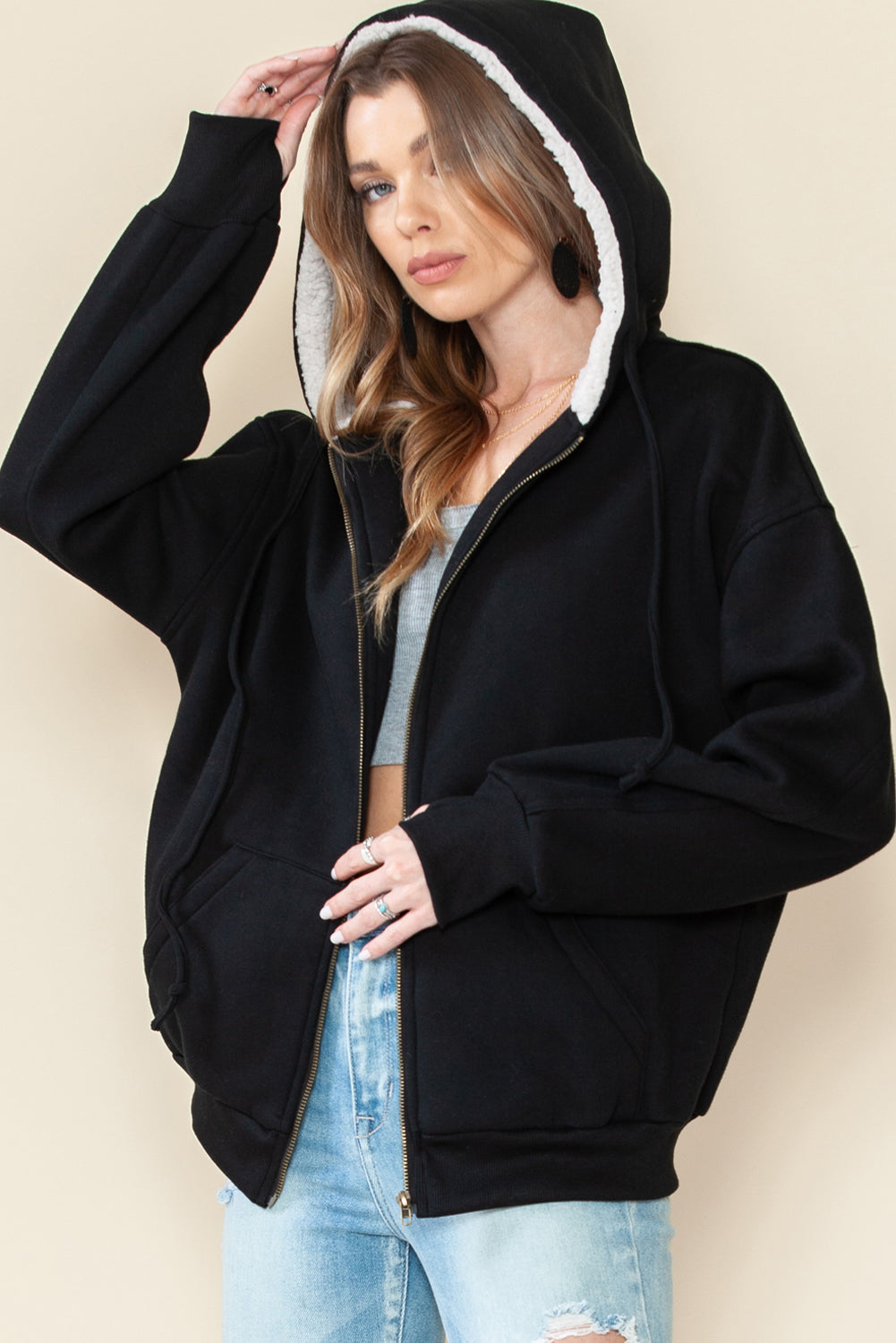 Black Sherpa Hooded Athleisure Zip Up Sweatshirt