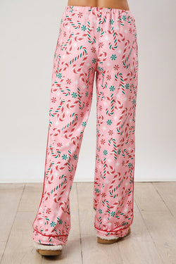 Pink Christmas Candy Cane Print Collar Shirt and Pants Pajamas Set