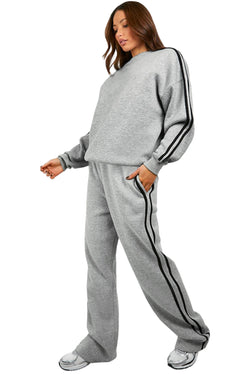 Light Grey Solid Color Side Striped Sweatshirt Pants Set