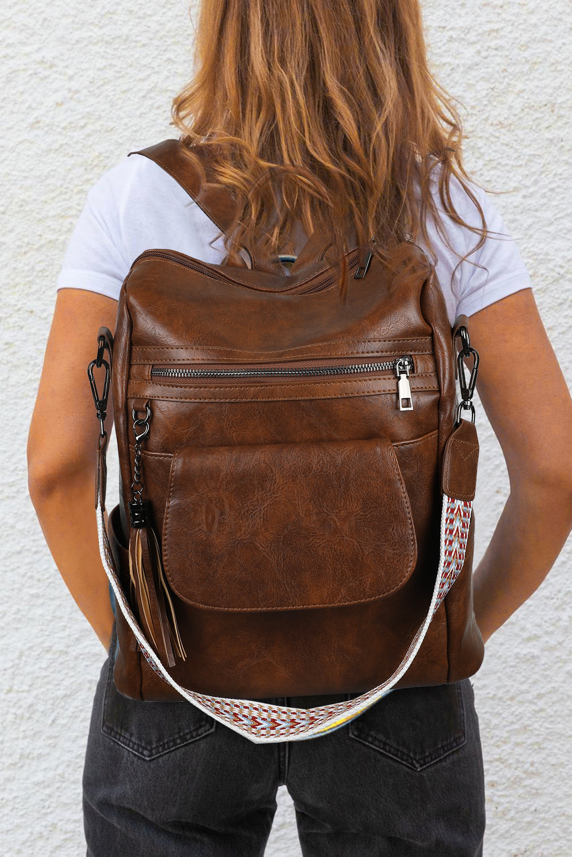 Brown Tassel Decor Retro PU Large Capacity Backpack