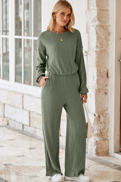 Black Solid Ribbed Knit Keyhole Back High Waist Jumpsuit