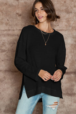 Gray Waffle Knit Drop Sleeve Side Slits Oversized Top