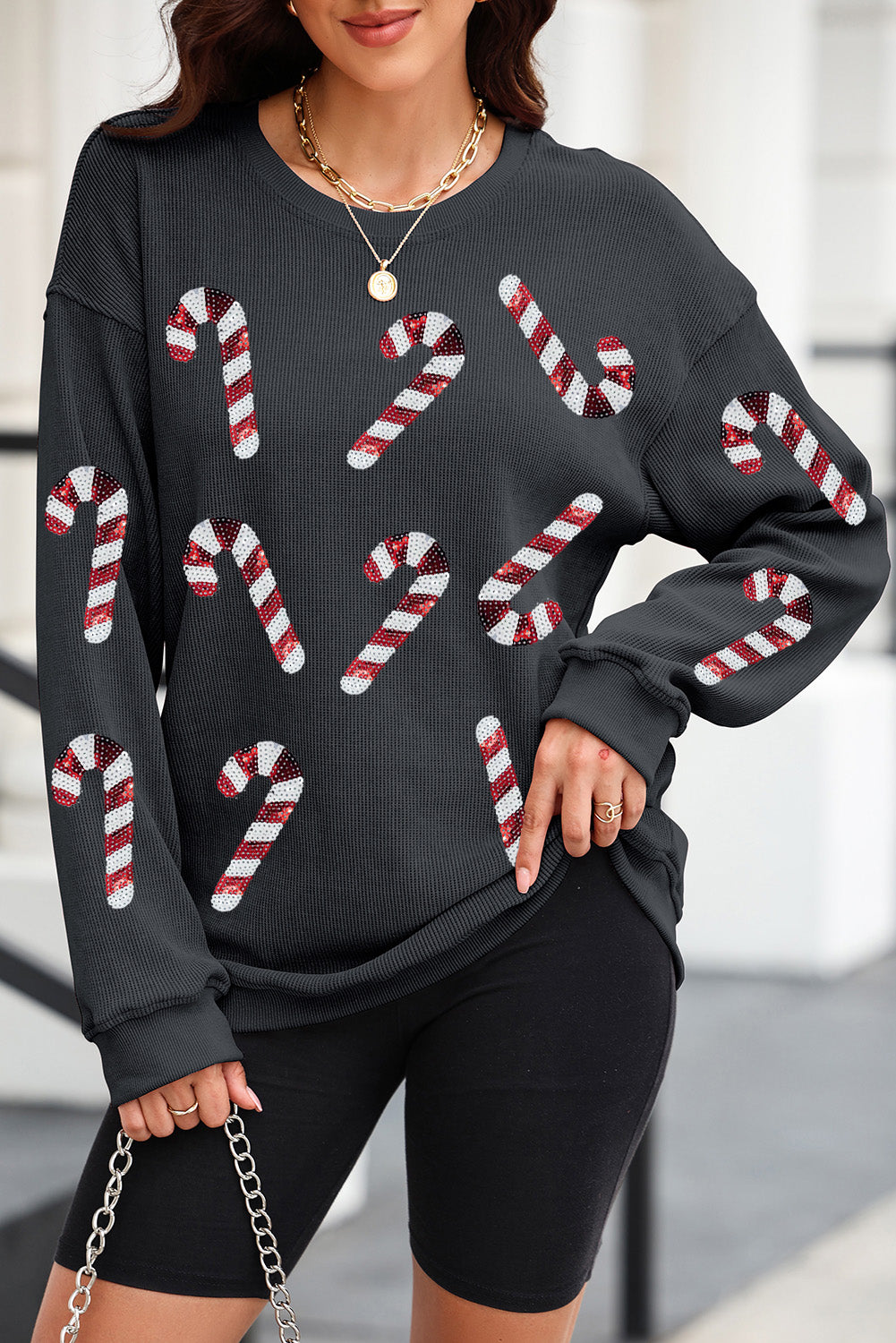 Gray Xmas Candy Cane Sequins Graphic Corded Sweatshirt