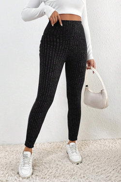 Dark Grey Wide Waistband Ribbed Textured Knit Leggings