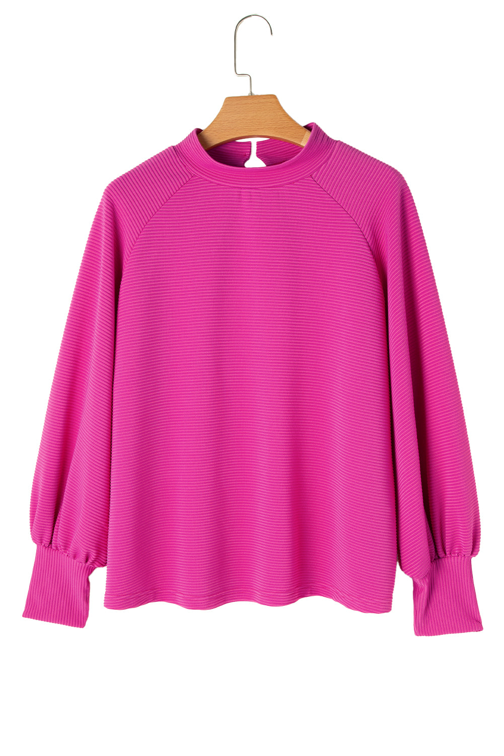 Strawberry Pink Textured Knit Mock Neck Raglan Sleeve Loose Top