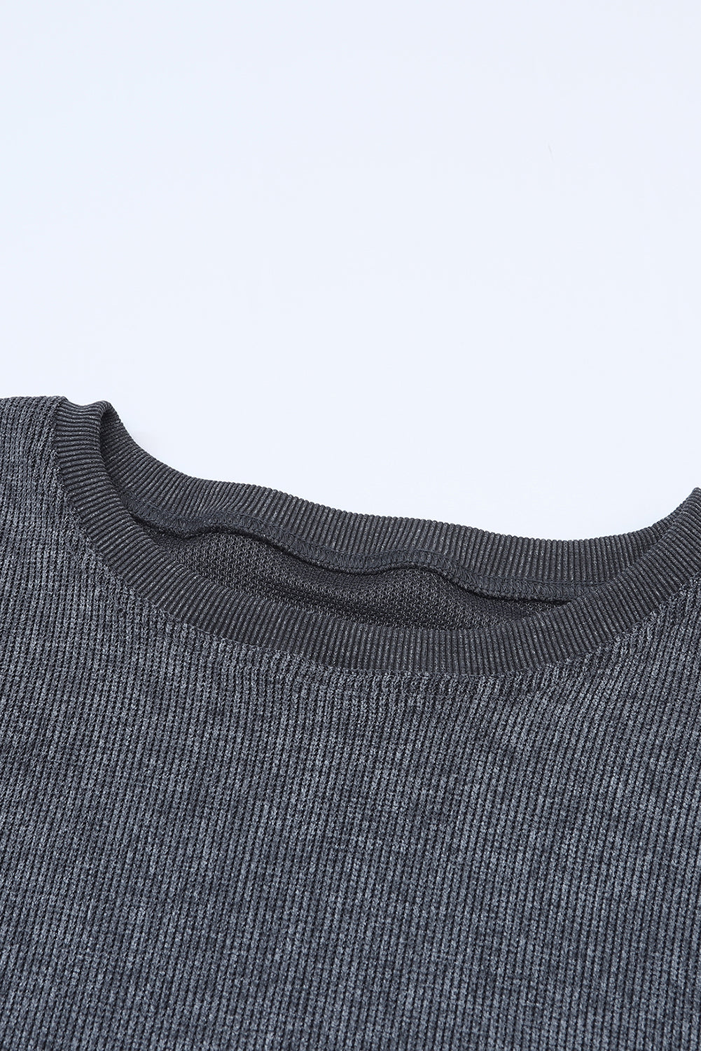 Plain Gray Solid Ribbed Knit Round Neck Pullover Sweatshirt