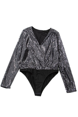 Black Sequin Mesh Long Sleeve Surplice Neck Bodysuit