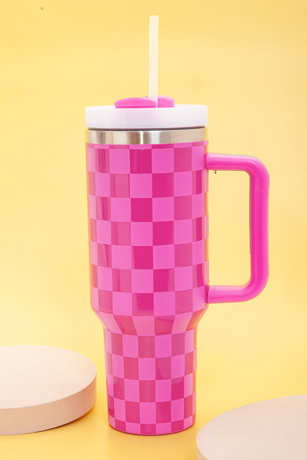 Pink Checkered Print Handled Stainless Steel Tumbler Cup