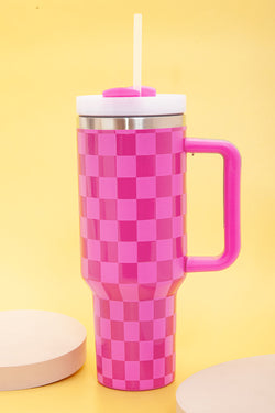 Pink Checkered Print Handled Stainless Steel Tumbler Cup