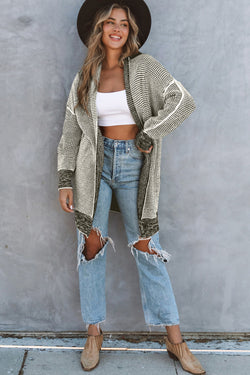 Grey Plaid Contrast Trim Casual Knit Cardigan