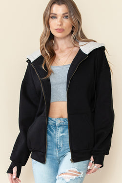 Black Sherpa Hooded Athleisure Zip Up Sweatshirt