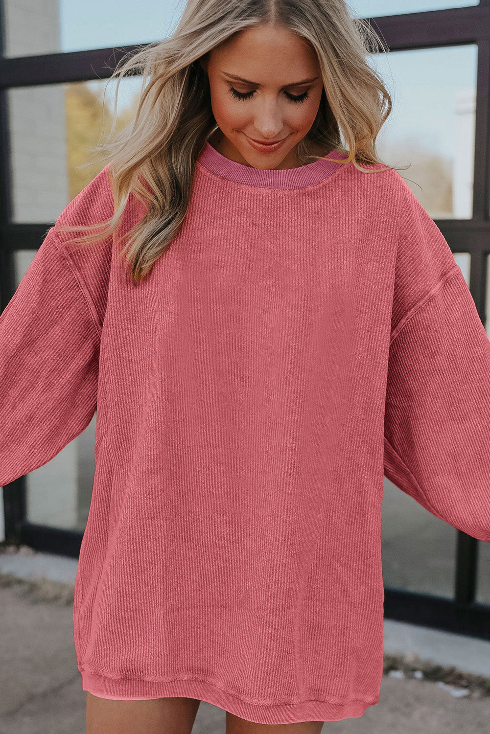 Festival Fuchsia Plain Drop Sleeve Crinkle Rib Oversized Sweatshirt