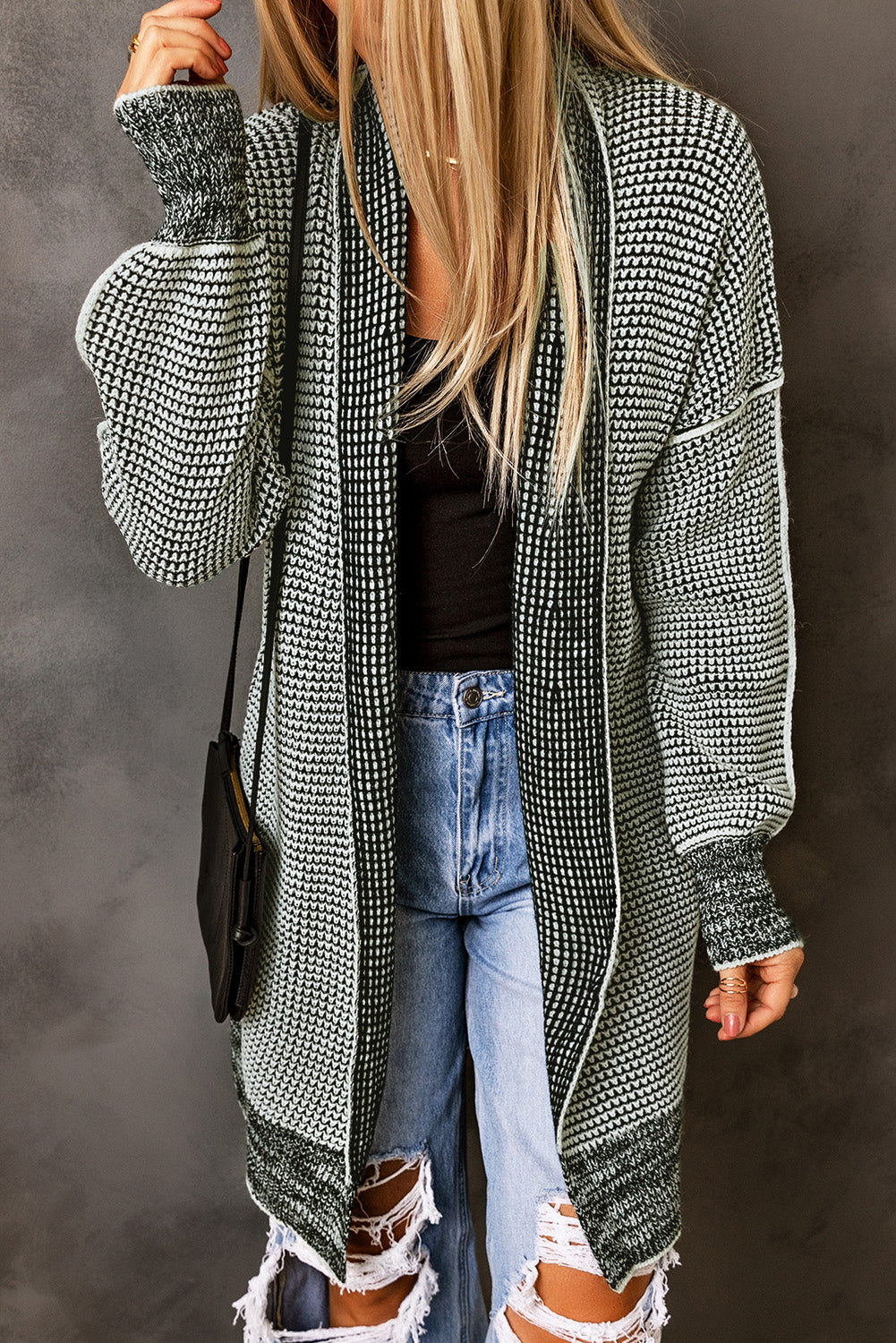 Grey Plaid Contrast Trim Casual Knit Cardigan