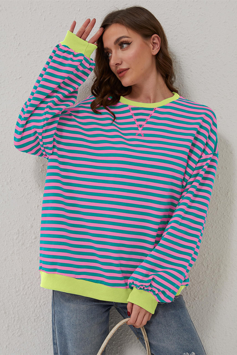 Sky Blue Stripe Contrast Edge Oversized Pullover