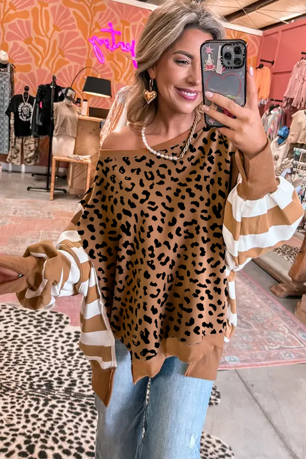 Khaki Striped Leopard Colorblock Side Slits Sweatshirt