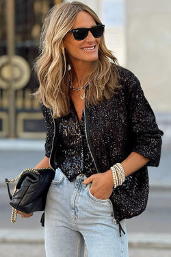 Black Sequin Zipper-up Jacket