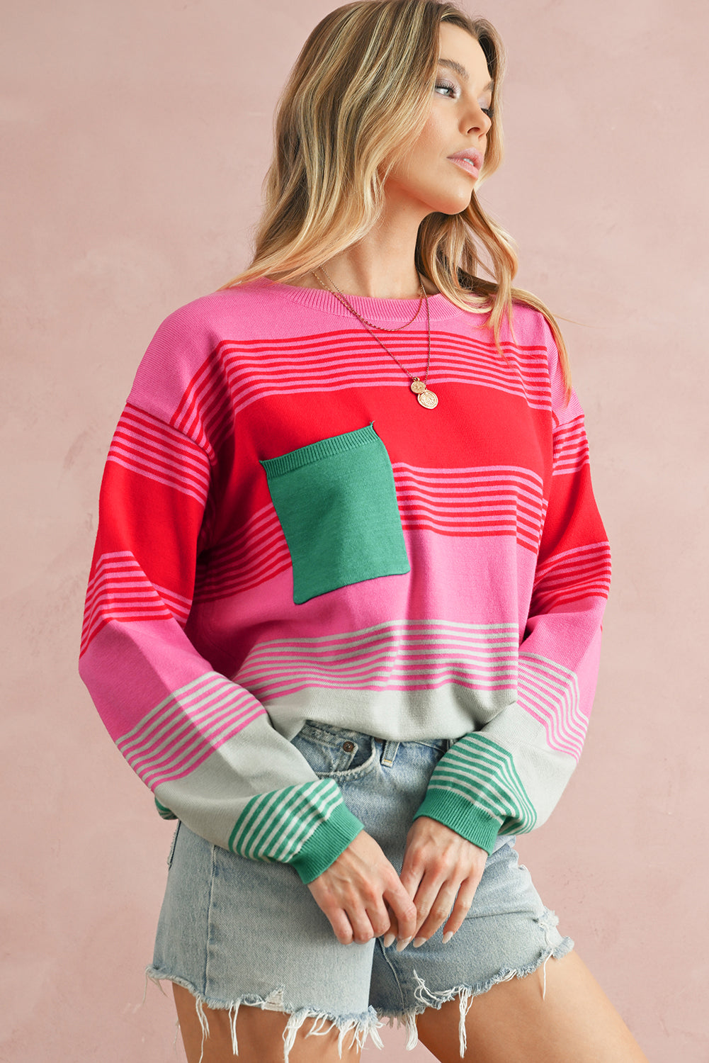 Rose Striped Patch Pocket Drop Shoulder Knit Sweater