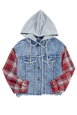 Beau Blue Plaid Print Patchwork Hooded Raw Hem Denim Jacket