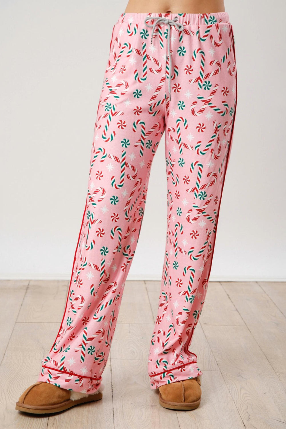 Pink Christmas Candy Cane Print Collar Shirt and Pants Pajamas Set