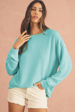 Aruba Blue Plain Crinkle Ribbed Round Neck Top