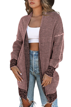 Grey Plaid Contrast Trim Casual Knit Cardigan