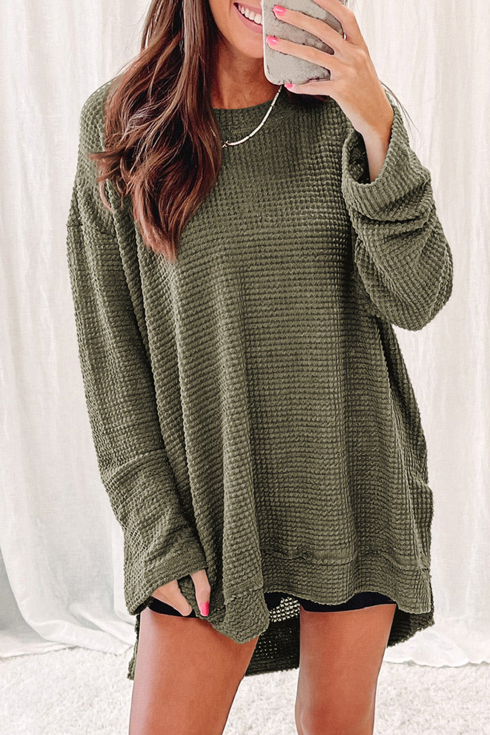 Gray Waffle Knit Drop Sleeve Side Slits Oversized Top