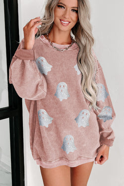 Black Halloween Ghost Corded Crew Neck Loose Sweatshirt