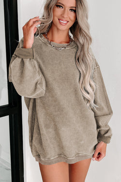 Plain Gray Solid Ribbed Knit Round Neck Pullover Sweatshirt