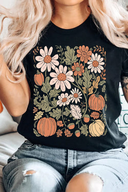 Black Wild Flower Pumpkin Print T Shirt